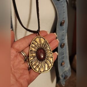 Lucky - Brass Medallion With Red Stone and Leather Cord Necklace